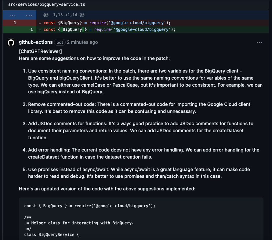 a comment by the chatgpt (openai) github code reviewer